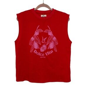 Garance Paris Dolce Vita Graphic Sleeveless Tank Top Shirt Size L Red Pink NEW